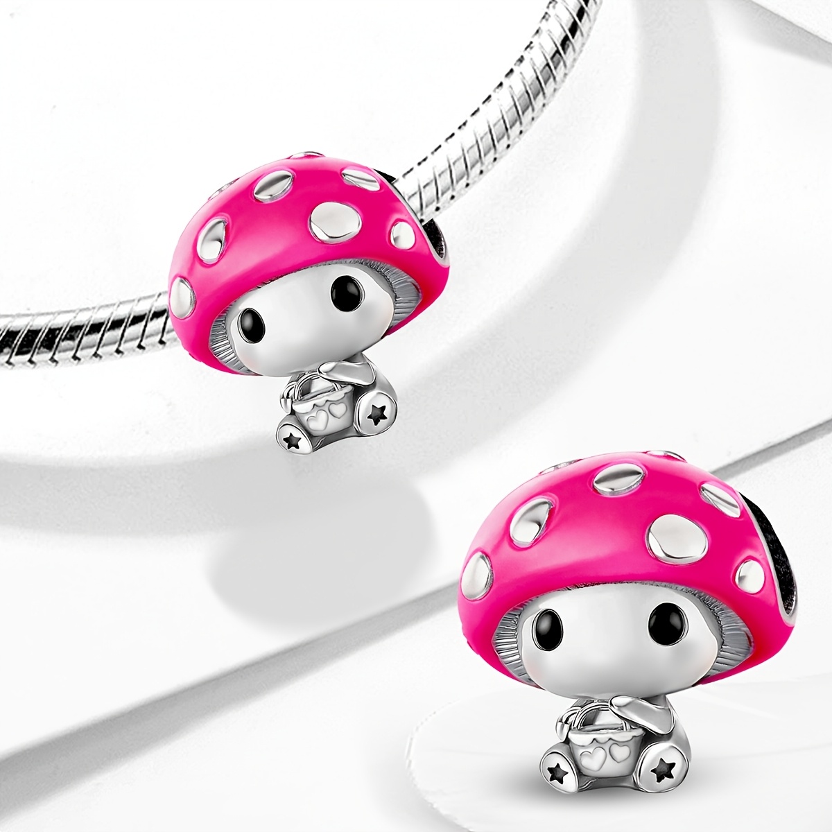 Women's 925 Silver Plated Mushroom Charm Pendant Beaded Bracelet